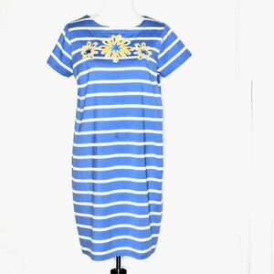 Bob Mackie Wearable Art Blue Striped Yellow Floral Accent Tee Shirt Dress